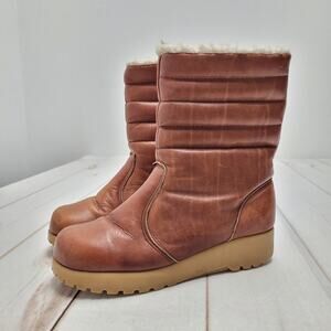 Vintage Dexter sherpa lined wedge leather cognac boots retro quilted